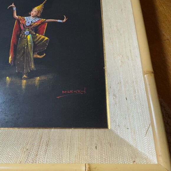 Vintage Gouache Original Painting Thai Dancer Signed Marken 17x12" Framed Art - Picture 10 of 11